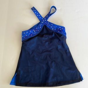 The Line zip dance top blue black mesh overlay Swarovski rhinestones size M